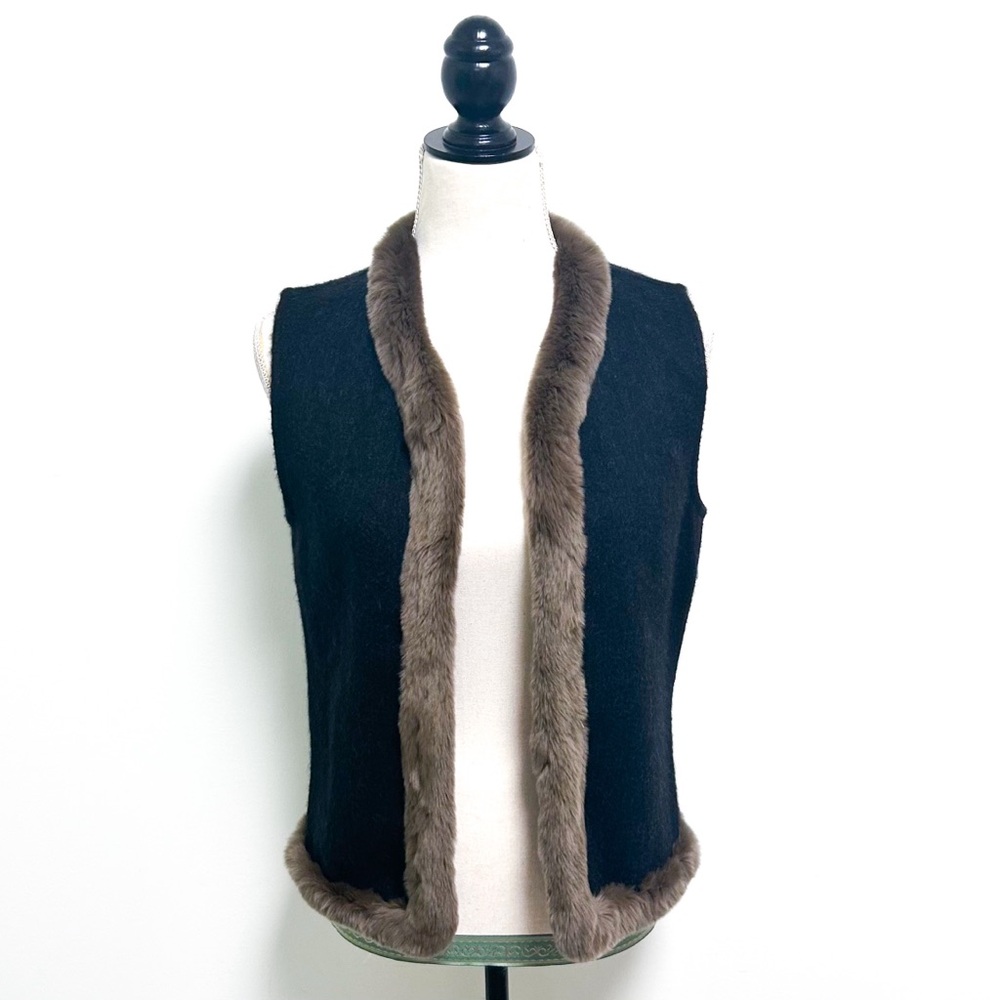 J McLaughlin Cashmere Rabbit Fur Trim Black Brown Grey Open Front Vest Small